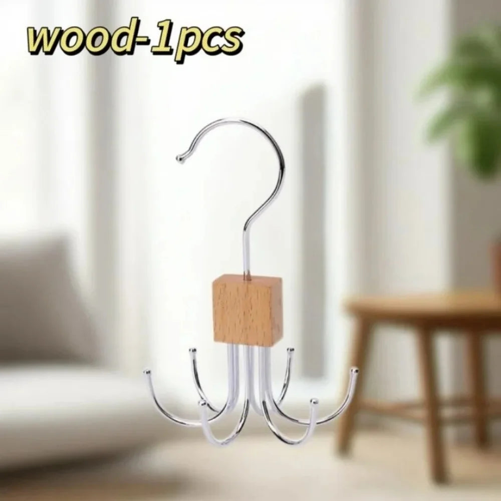 Organisateur en bois multi-griffes pour sacs et ceintures métalliques 360 °   Crochet de rangement rotatif pour soutiens-gorge, cravates, foulards, accessoires de placard domestique